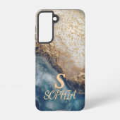 blue marble chic gold glitter monogram samsung galaxyケース (裏面)