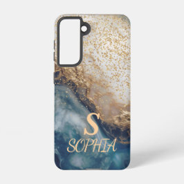 blue marble chic gold glitter monogram samsung galaxy s21ケース