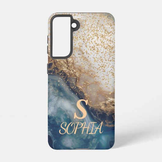blue marble chic gold glitter monogram samsung galaxyケース (裏面)