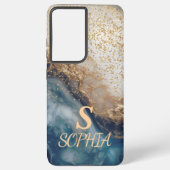 blue marble chic gold glitter monogram samsung galaxyケース (裏面)