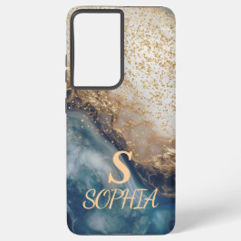 blue marble chic gold glitter monogram samsung galaxy s21+ケース