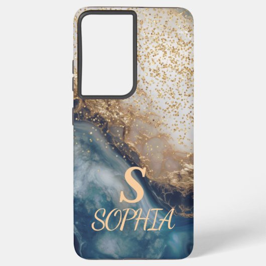 blue marble chic gold glitter monogram samsung galaxyケース (裏面)