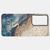 blue marble chic gold glitter monogram samsung galaxyケース (裏面横)