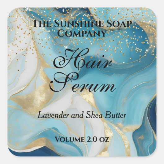 Blue marble & gold glitter dropper bottle label スクエアシール (正面)