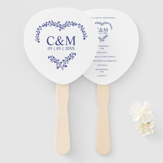 Blue Marine Branches Heart with Initials ハンドファン (正面&裏面)