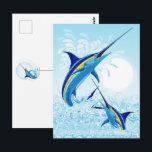 Blue Marlin Jumping out of Ocean ポストカード<br><div class="desc">Realistic illustration of a beautiful Marlin Fish Ocean Animal jumping out of ocean. Vector Art copyright BluedarkArt TheChameleonArt.</div>