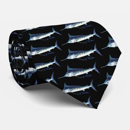 Blue Marlin pattern Tie in Black ネクタイ (ロール)