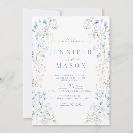 Blue Meadow Floral Wreath Wedding Invitation 招待状 (正面)