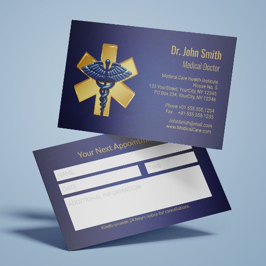 Blue Medical 3D Caduceus Gold Cross Reminder 予約カード