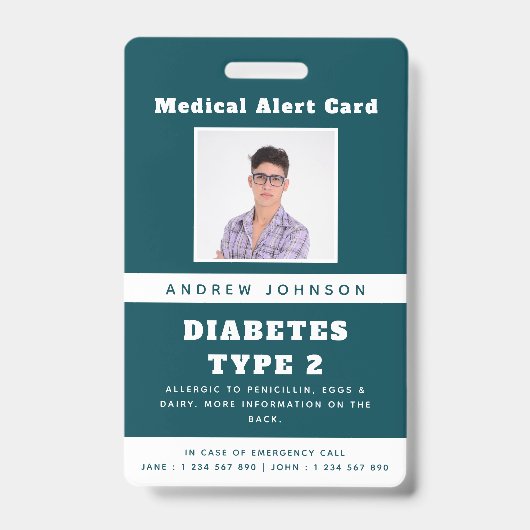 Blue Medical Alert緊急ID写真アダルト名B バッジ (Front)