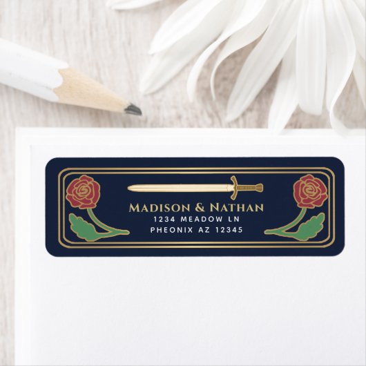 Blue Medieval Fantasy Gold Sword Wedding Label ラベル (インサイチュ)