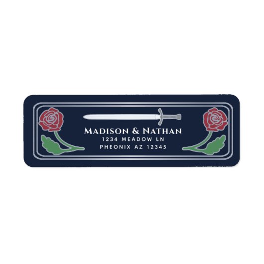 Blue Medieval Fantasy Silver Sword Wedding Label ラベル (正面)