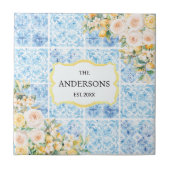Blue Mediterranean Flower Lemon Custom Family Name タイル (正面)