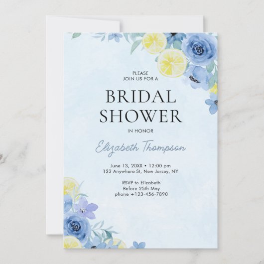 Blue Mediterranean Lemon Bridal shower 招待状 (正面)