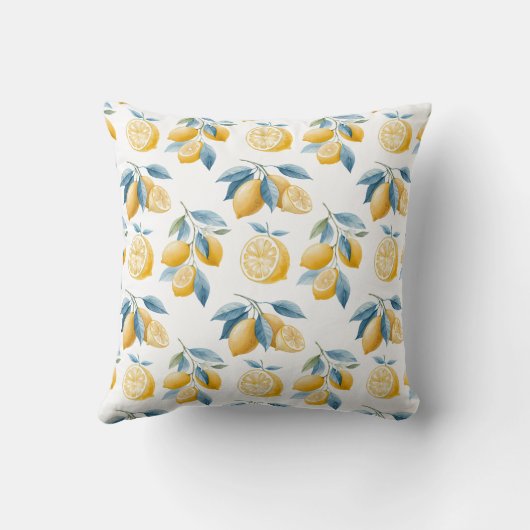 Blue Mediterranean Lemon Pattern Throw Pillow クッション (裏面)