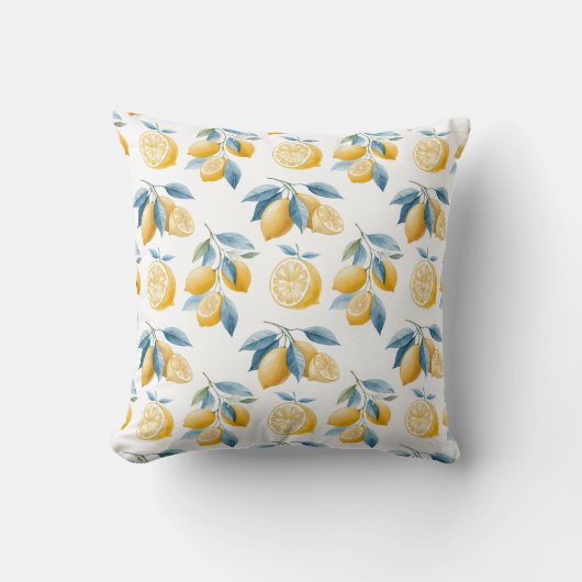 Blue Mediterranean Lemon Pattern Throw Pillow クッション (正面)