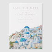 Blue Mediterranean Skyline Wedding Save the Date ベラム紙招待状 (正面)