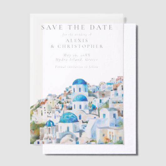 Blue Mediterranean Skyline Wedding Save the Date ベラム紙招待状 (オフセット)