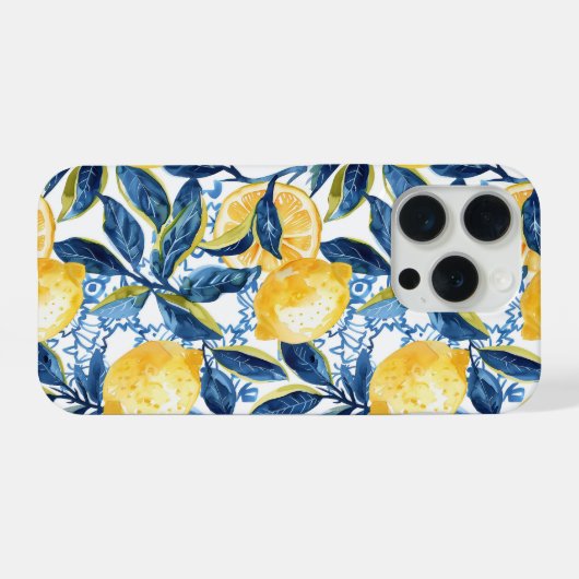 Blue Mediterranean Style Lemon Pattern iPhone Case iPhoneケース (裏面横)