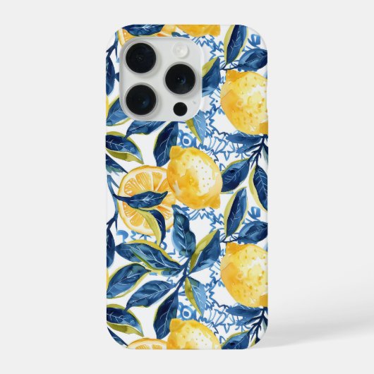 Blue Mediterranean Style Lemon Pattern iPhone Case iPhoneケース (裏面)