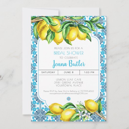 Blue Mediterranean Tile Lemon Bridal Shower 招待状 (正面)