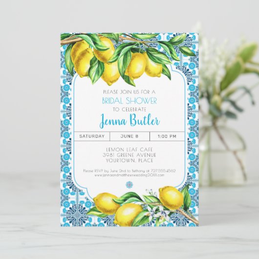 Blue Mediterranean Tile Lemon Bridal Shower 招待状 (スタンド正面)