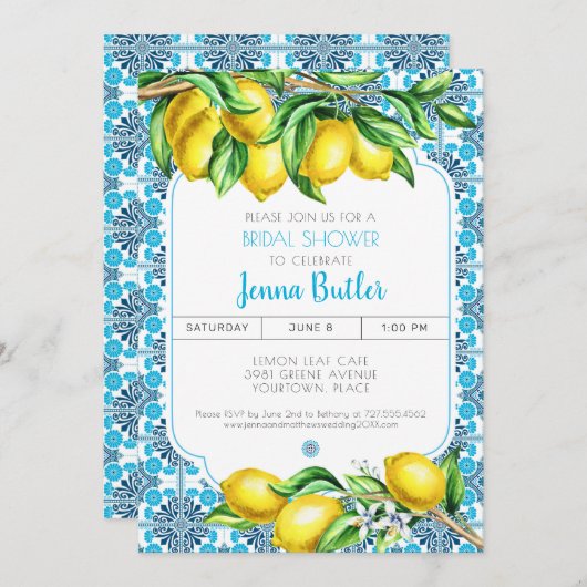Blue Mediterranean Tile Lemon Bridal Shower 招待状 (正面/裏面)