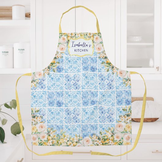 Blue Mediterranean Tiles Flower Lemon Personalized エプロン