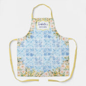 Blue Mediterranean Tiles Flower Lemon Personalized エプロン (正面)