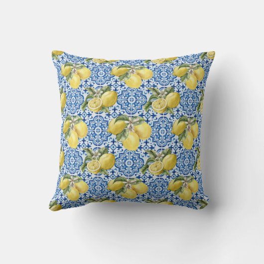 Blue Mediterranean Tiles Lemon Pattern クッション (裏面)