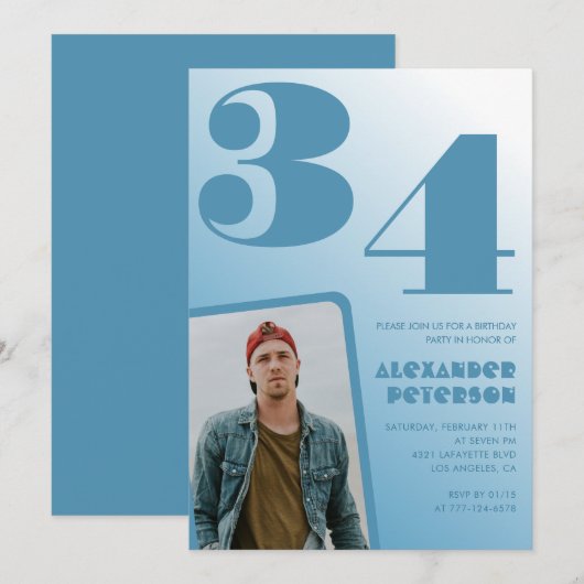 Blue Menフォトグラディエント34th誕生日招待状 招待状 (正面/裏面)
