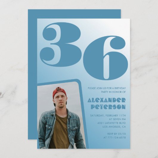 Blue Menフォトグラディエント36th誕生日招待状 招待状 (正面/裏面)