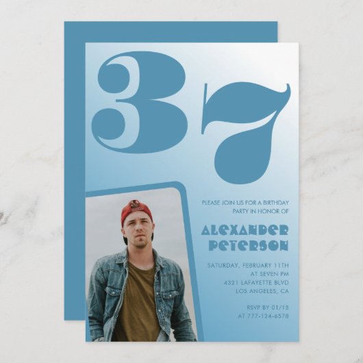 Blue Menフォトグラディエント37th誕生日招待状 招待状 (正面/裏面)
