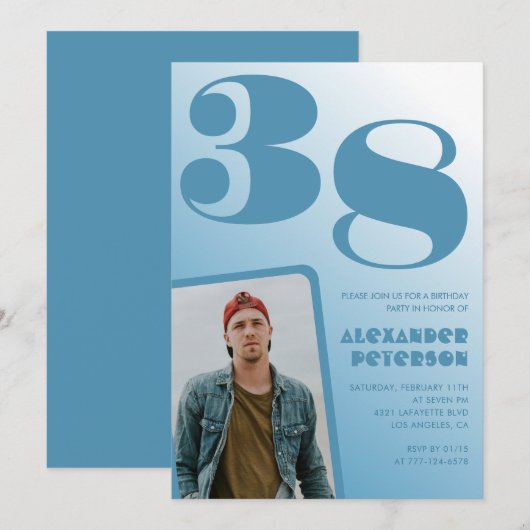 Blue Menフォトグラディエント38th誕生日招待状 招待状 (正面/裏面)