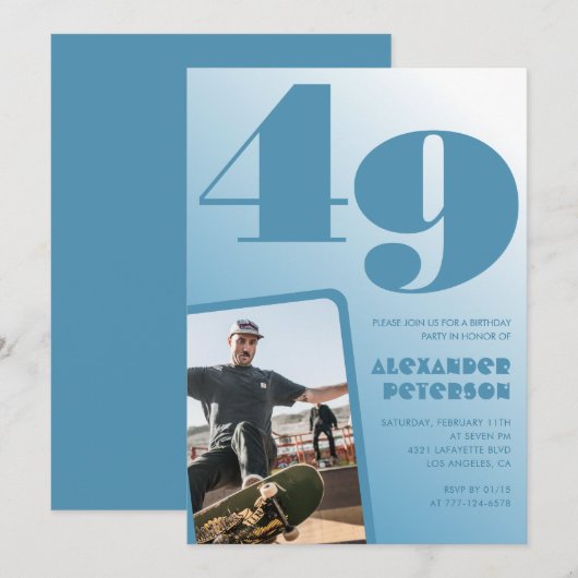 Blue Menフォトグラディエント49th誕生日招待状 招待状 (正面/裏面)