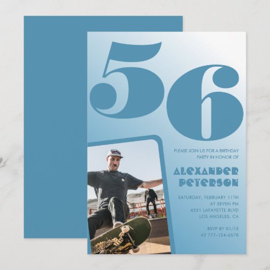 Blue Menフォトグラディエント56th誕生日招待状 招待状 (正面/裏面)