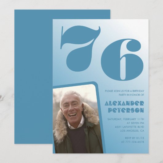 Blue Menフォトグラディエント76th誕生日招待状 招待状 (正面/裏面)