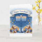 Blue Menorah Blessings – Happy Hanukkah Greeting カード (黄色い花)