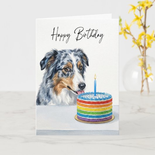 Blue Merle Aussie Birthday Cake Inspector カード (黄色い花)