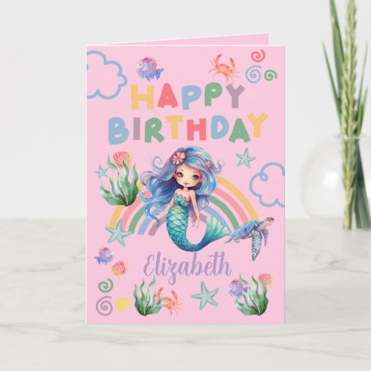 Blue Mermaid Birthday Card in Pink カード (正面)