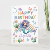 Blue Mermaid Birthday Card in White カード (正面)