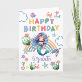 Blue Mermaid Birthday Card in White カード