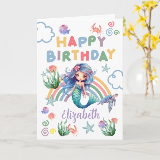 Blue Mermaid Birthday Card in White カード (黄色い花)