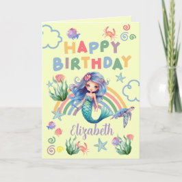 Blue Mermaid Birthday Card in Yellow カード