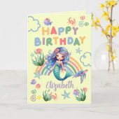 Blue Mermaid Birthday Card in Yellow カード (黄色い花)