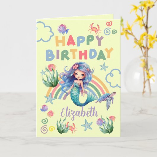 Blue Mermaid Birthday Card in Yellow カード (黄色い花)