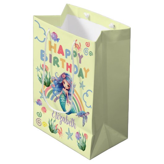 Blue Mermaid Birthday Gift Bag in Yellow ミディアムペーパーバッグ (正面アングル)