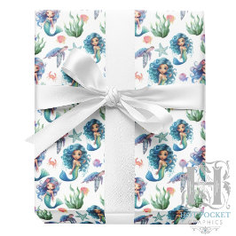 Blue Mermaid Birthday Gift Wrap in White ラッピングペーパー