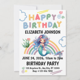 Blue Mermaid Birthday Invitation in White 招待状