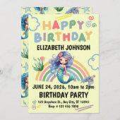 Blue Mermaid Birthday Invitation in Yellow 招待状 (正面/裏面)